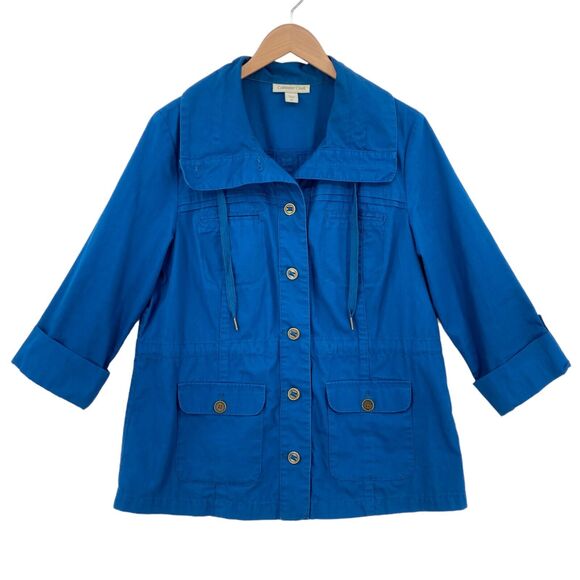 Coldwater Creek Jacket Womens Size 12 Blue 100% Cotton Collared Button Front - Picture 1 of 16